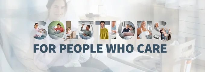 Motyw graficzny przedstawiający matkę i noworodka w szpitalnym łóżku oraz napis „Solutions for people who care”, który symbolizuje rozwiązania Grupy Stiegelmeyer w opiece zdrowotnej.