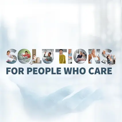 Campaign motif with the slogan "Solutions for People Who Care", designed from image excerpts of people in nursing care, health and life situations against a bright, soft background.