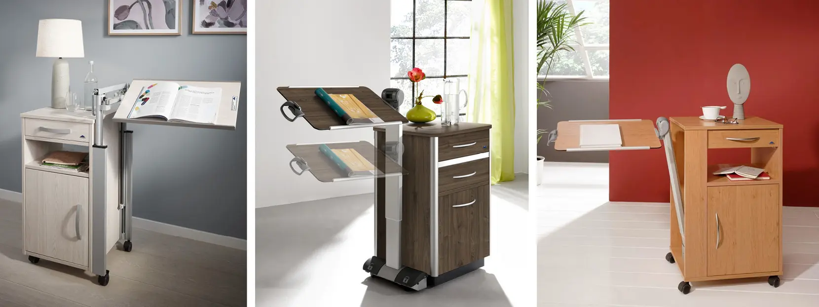 Three images of the Conturo, Combino and Estrado bedside cabinets from Stiegelmeyer displayed side by side in nursing homes.