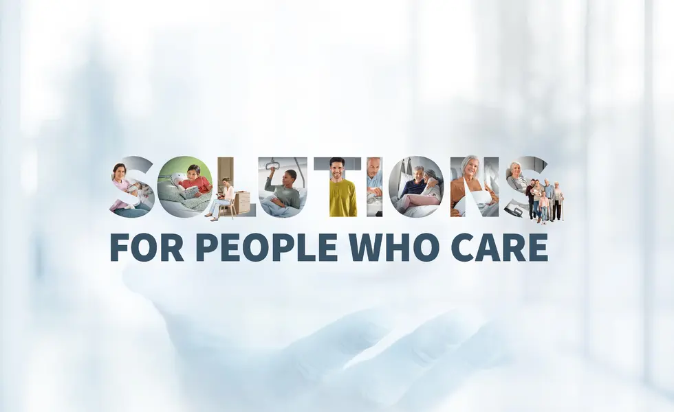 Kampagnenmotiv mit dem Schriftzug „Solutions for People Who Care“, gestaltet aus Bildausschnitten von Menschen in Pflege-, Gesundheits- und Lebenssituationen vor hellem, weichem Hintergrund.