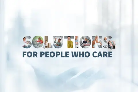 Kampagnenmotiv mit dem Schriftzug „Solutions for People Who Care“, gestaltet aus Bildausschnitten von Menschen in Pflege-, Gesundheits- und Lebenssituationen vor hellem, weichem Hintergrund.