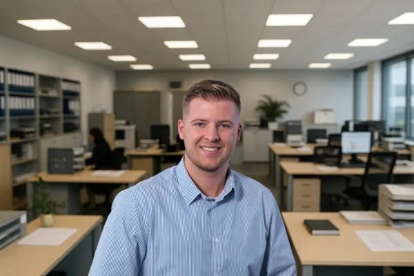 Opleiding EU-industrieel medewerker bij Stiegelmeyer in een moderne kantoorwerkplek met internationale commerciële taken.