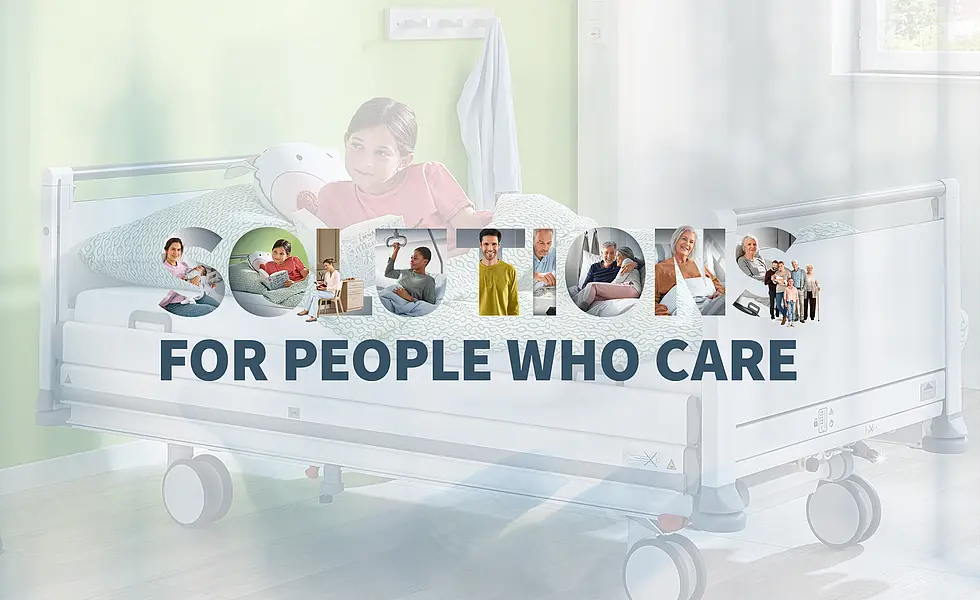 Solutions for People who Care Campaign image by Stiegelmeyer featuring a children’s hospital bed and the slogan “Solutions for people who care”