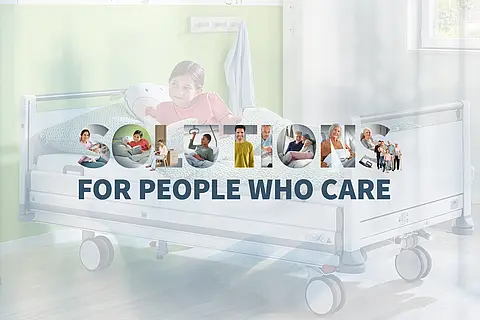 Campaign image by Stiegelmeyer featuring a children’s hospital bed and the slogan “Solutions for people who care”