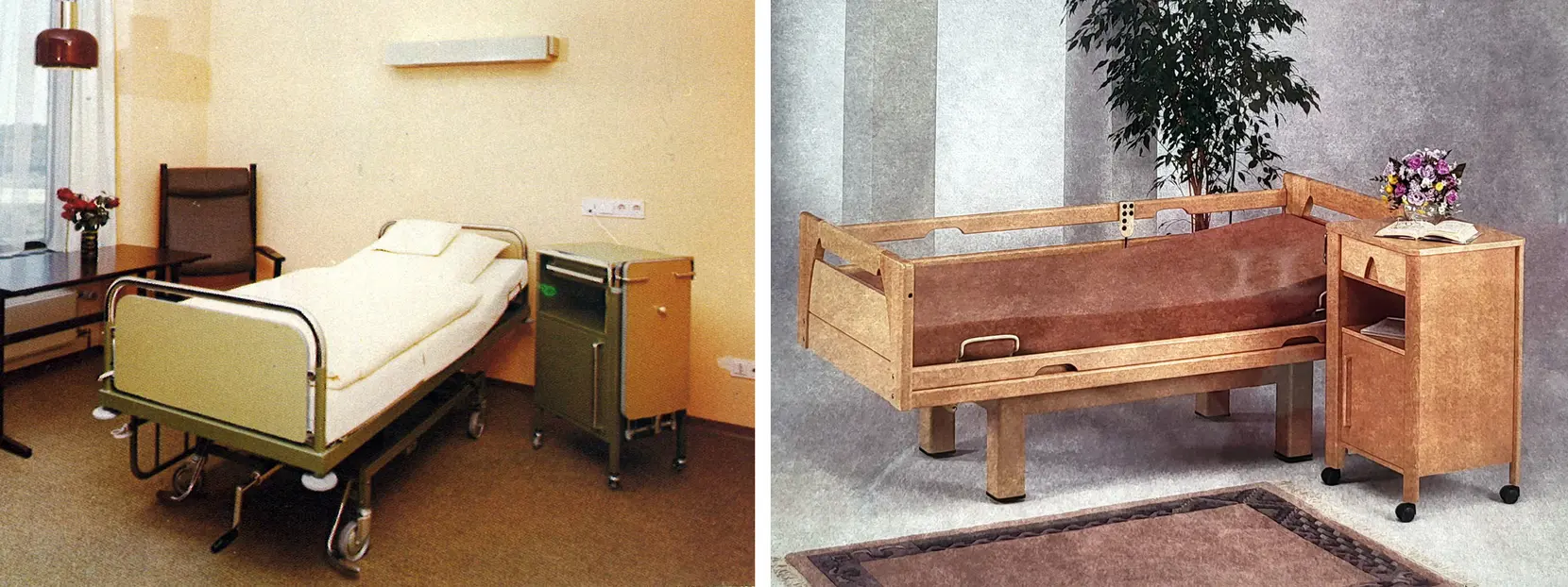 Pokoje w domu opieki z lat 70. i 80. z łóżkami Stiegelmeyer i dopasowanymi szafkami nocnymi w typowym dla tamtych czasów stylu.
