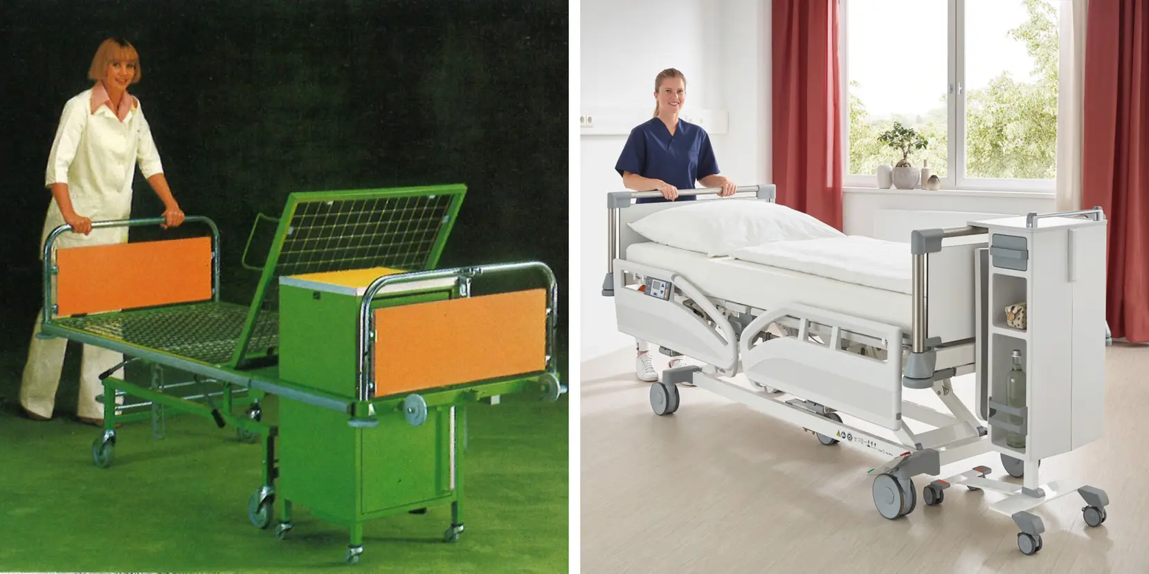 Comparison of the joint transport of bed and bedside cabinet from the 1970s with a modern solution from Stiegelmeyer from 2025.