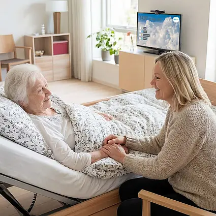 Ilustracja pokoju opiekuńczego: mieszkanka leży w łóżku, a jej córka siedzi na krześle obok. Na kredensie widać telewizor z interfejsem cyfrowym, przedstawiający rozwiązanie oparte na aplikacji NEDINA CONNECT.