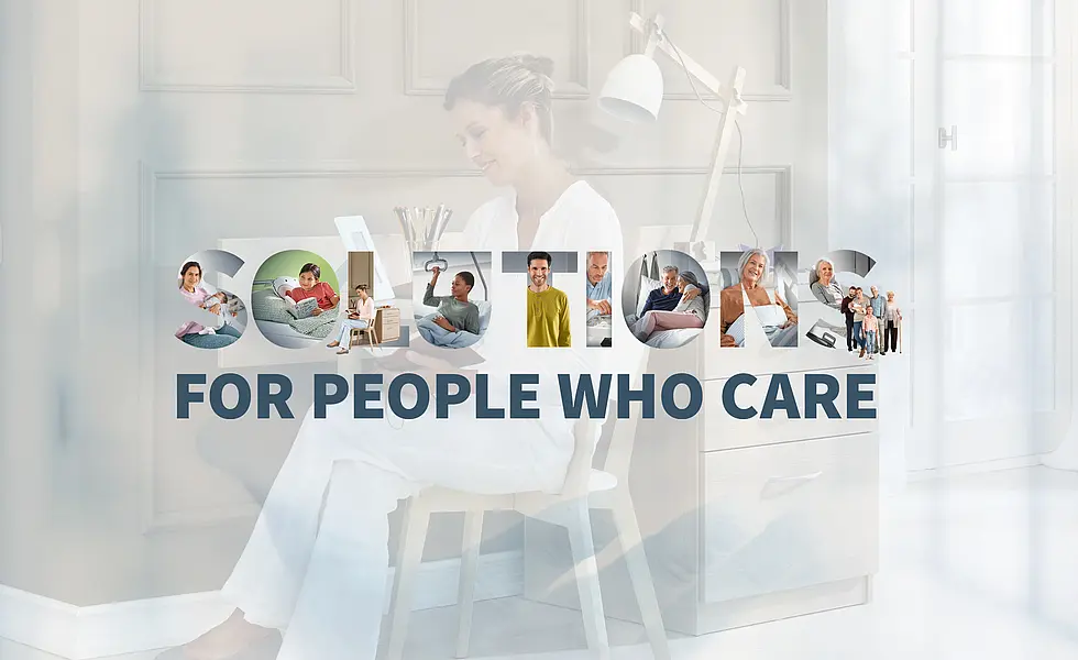 Solutions for People who Care Stiegelmeyer campaign image featuring a woman at a desk and the slogan ‘Solutions for people who care’