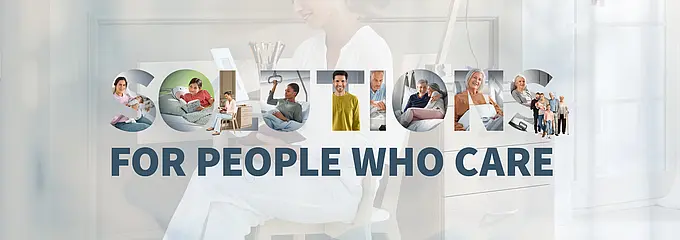 Solutions for People who Care Stiegelmeyer campaign image featuring a woman at a desk and the slogan ‘Solutions for people who care’