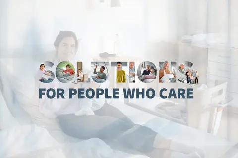 Image motif with mother and newborn in hospital bed and the lettering "Solutions for people who care", which stands for the Stiegelmeyer Group's solutions in healthcare.
