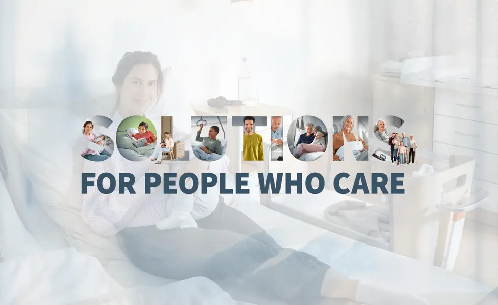 Solutions for People who Care Image motif with mother and newborn in hospital bed and the lettering "Solutions for people who care", which stands for the Stiegelmeyer Group's solutions in healthcare.